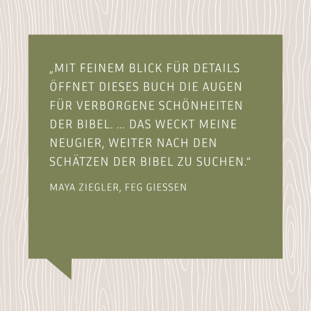 Liebe Maja Ziegler, vielen Dank für die Empfehlung des Buches "Die roten Fäden der Bibel entdecken".

Mit feinem Blick für Details öffnet dieses Buch die Augen für verborgene Schönheiten der Bibel.
Dabei wird der Blick immer wieder auf den Fokuspunkt Jesus Christus gelenkt. 

Beim Lesen wächst ein ruhiges Staunen über die Komposition der Schrift – und ein neues Vertrauen zu dem, der sie in souveräner Weise hat entstehen lassen.

Das weckt meine Neugier, weiter nach den Schätzen der Bibel zu suchen.“

Maya Ziegler, FeG Gießen 

Welche Schätze der Bibel hast du bereits entdeckt?

#bibel #projektb18 #neufeldverlag